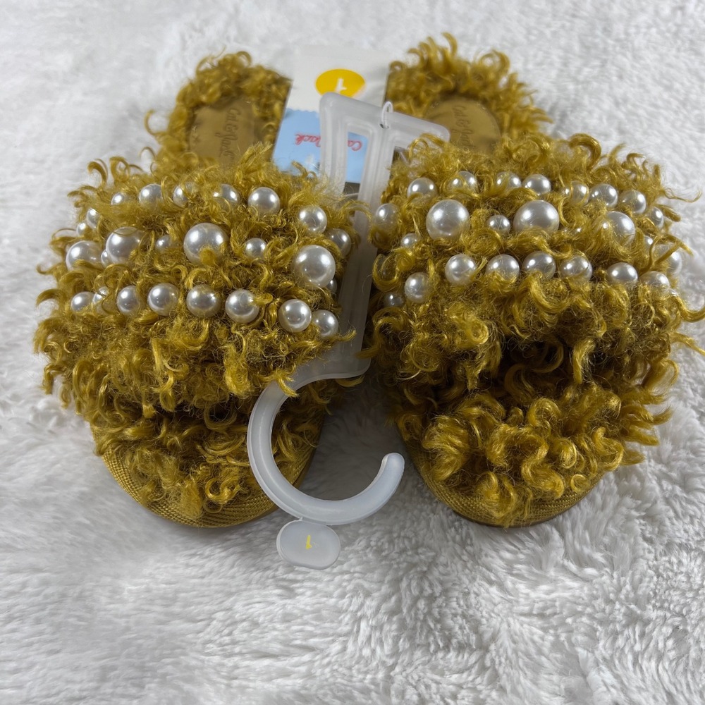 Cat Jack Toddler Girls Bear Slippers Size 1 Gold Faux Fur Pearl Embellished NWT